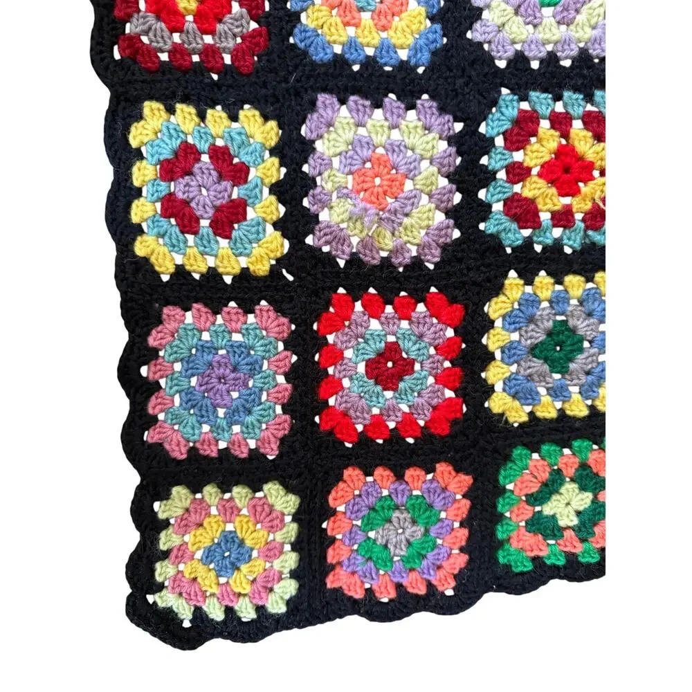 Vtg Afghan Crochet Granny Square Blanket Handmade Throw Black Multicolor 55x39.5